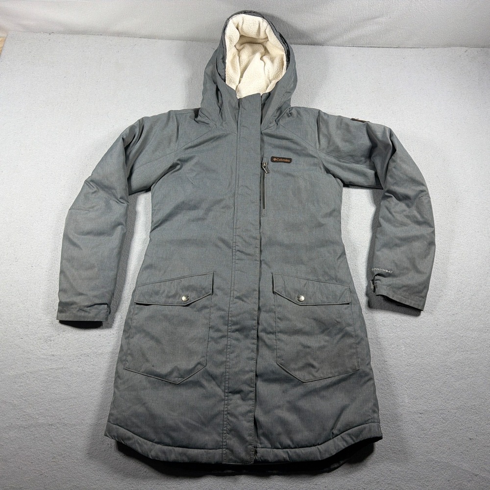 Columbia Omni-Heat Parka Women Small Gray Sherpa Hood Winter Metallic Lining